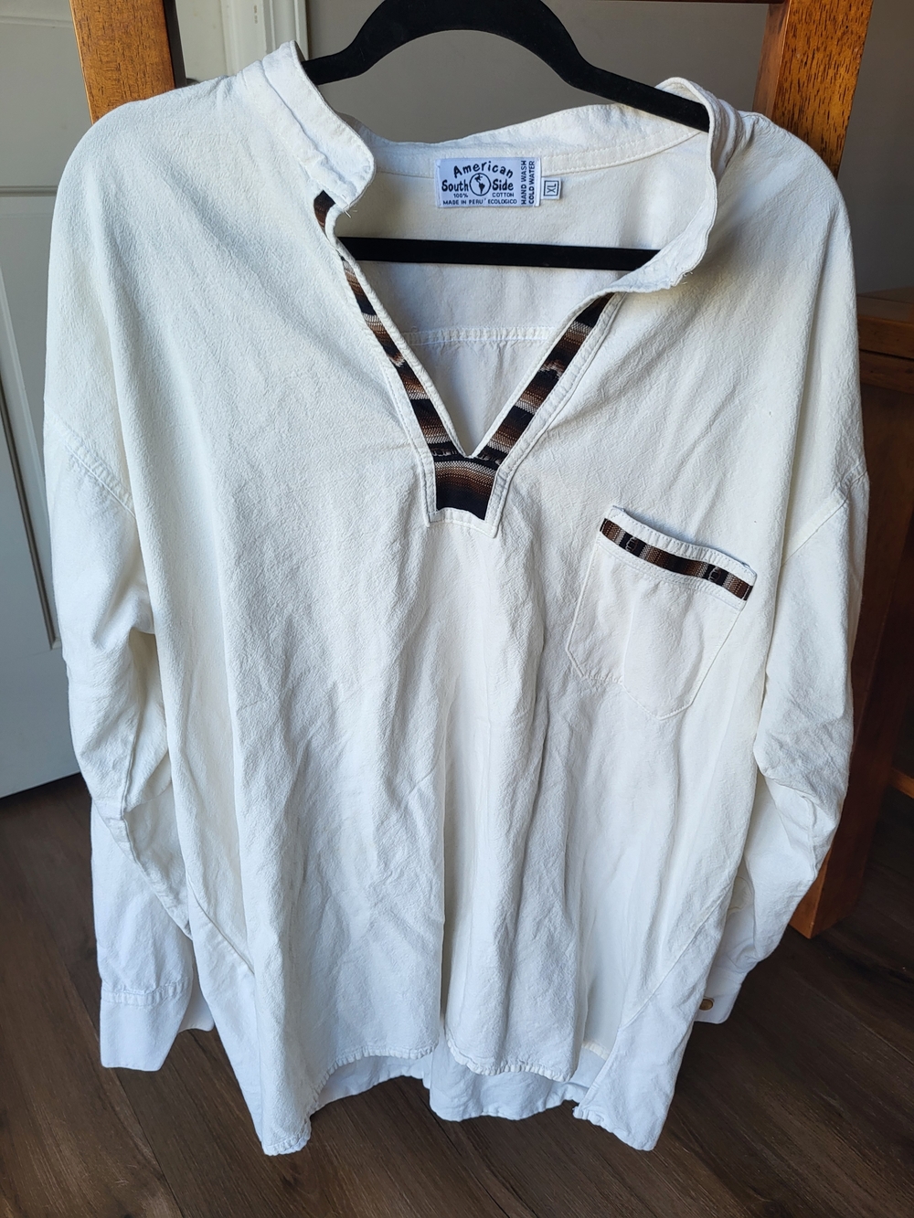 American South Side White Cotton Pullover Shirt with Brown Stripe Trim